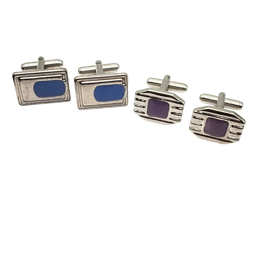 Blue & Purple Enamel Cufflinks Silver Tone Ribbed Suit Accessory Pair Deco Style